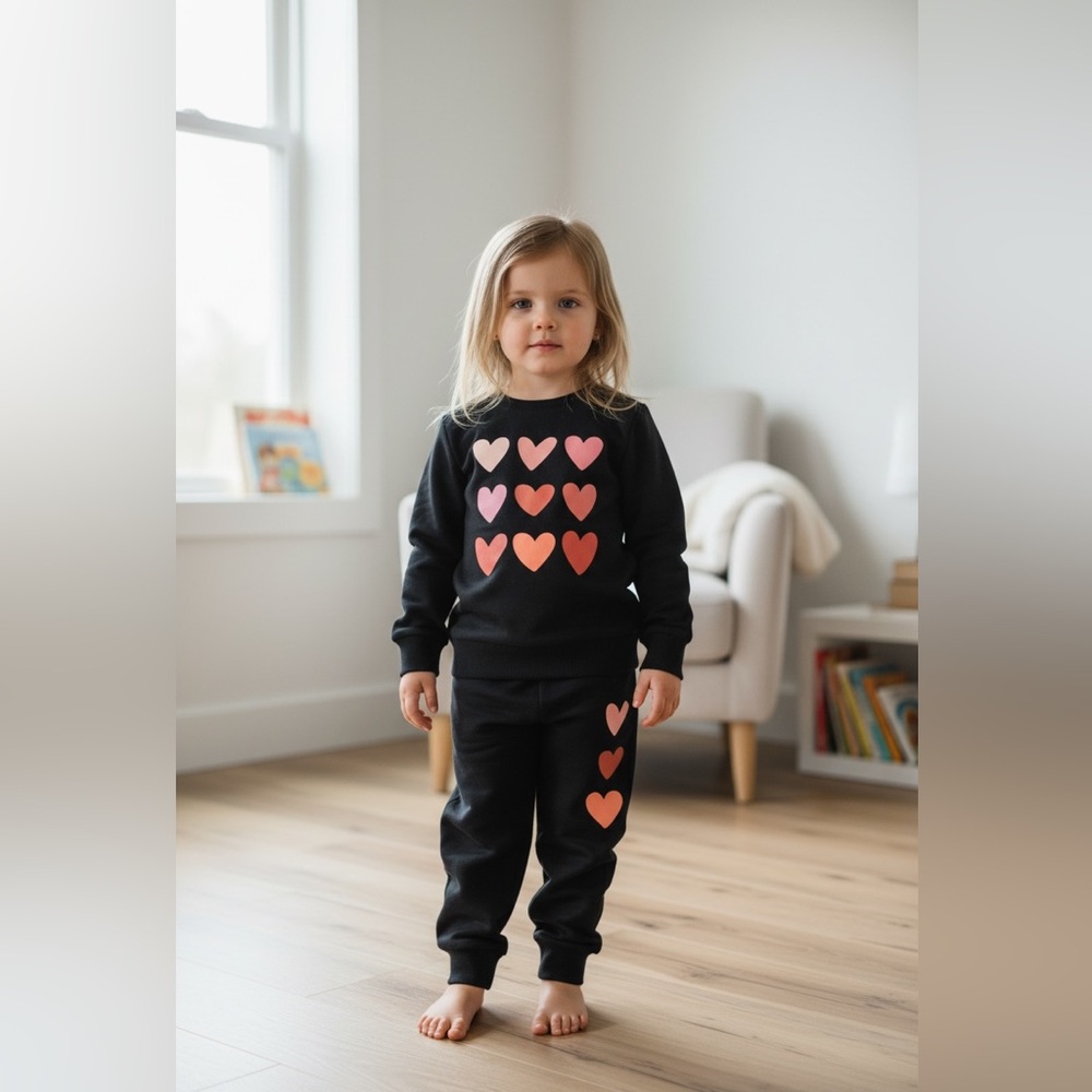 Kids Black Heart Print Tracksuit